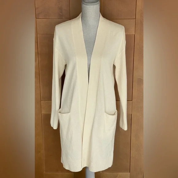 THEORY 100% Cashmere Cream Open Front Ribbed Sleeve Women's Sweater, Small - Picture 2 of 13